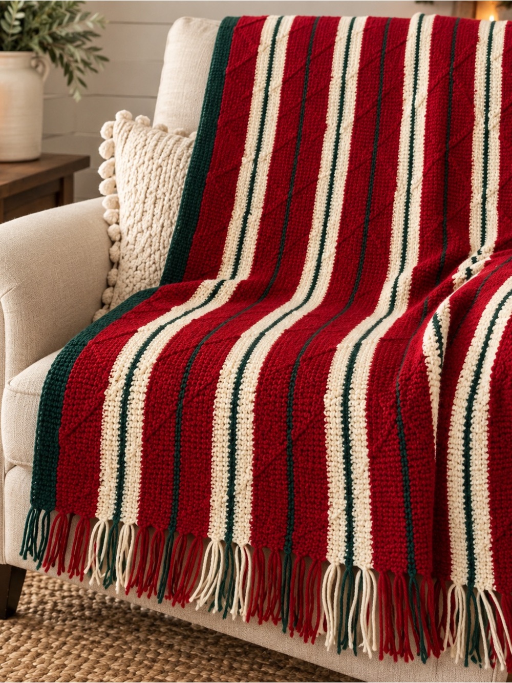 Festive Striped Throw Blanket - Red, Cream & Green
